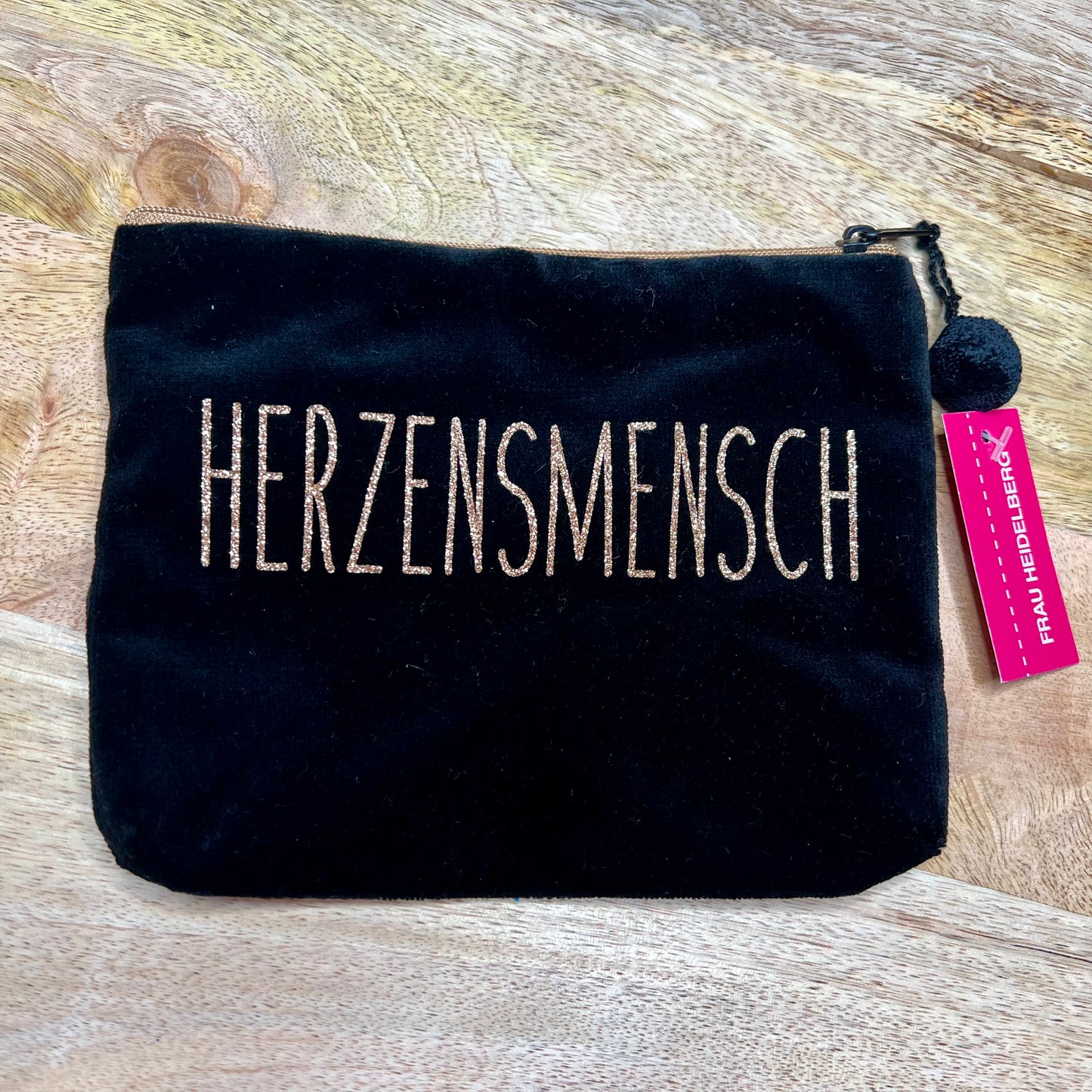 Kosmetiktasche Frau Heidelberg groß Herzensmensch schwarz gold
