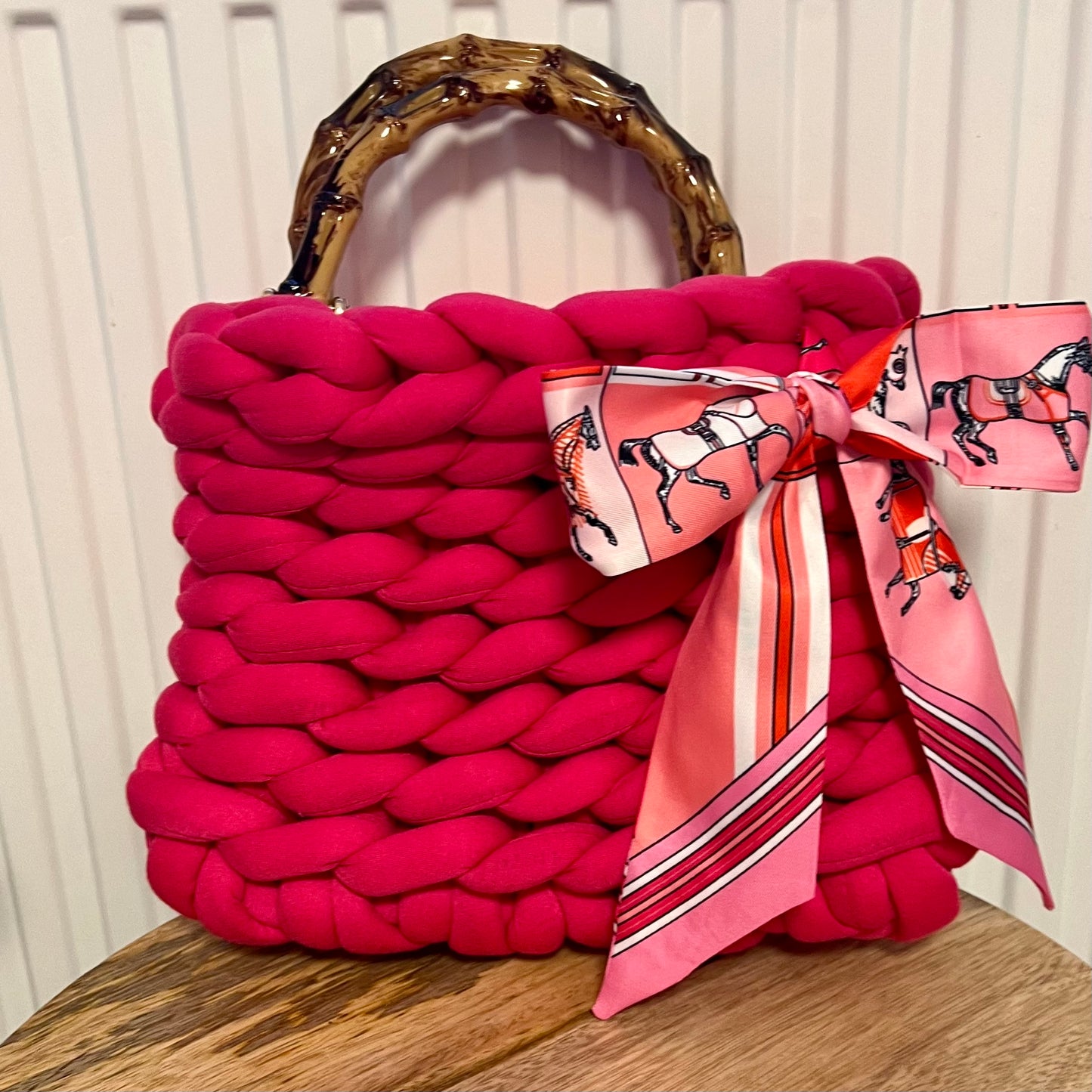 Grobstricktasche pink mit schleife