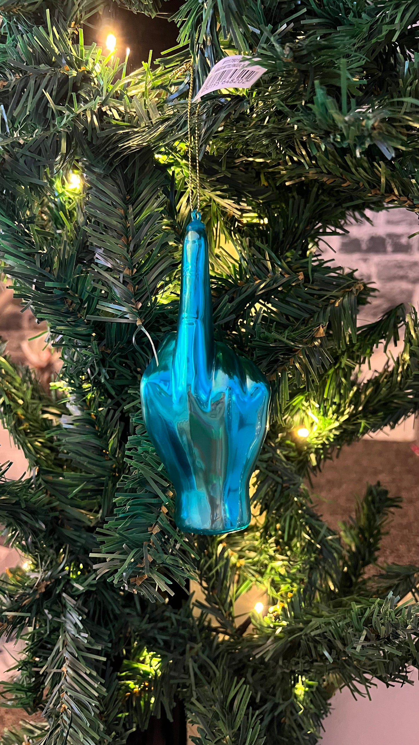 Christbaumschmuck Mittelfinger blau